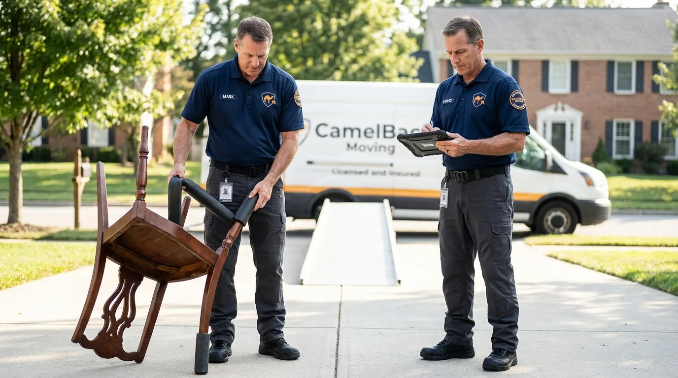 Movers inspecting furniture for damage prevention before loading in Varnville, SC